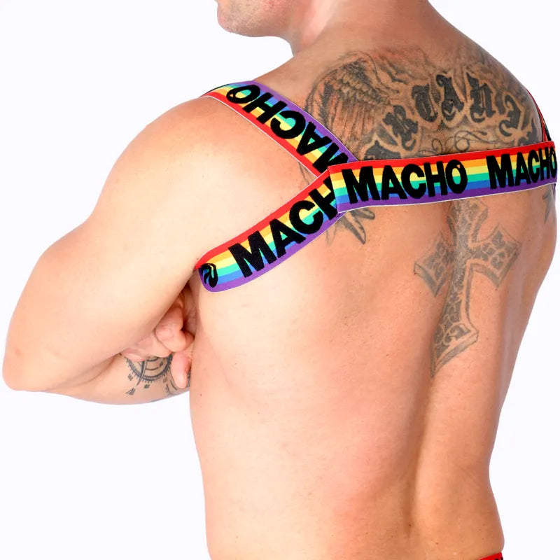 Harnais élastique multicolore avec texte, design unique, porté par un modèle, style élégant et moderne, ajustement confort...