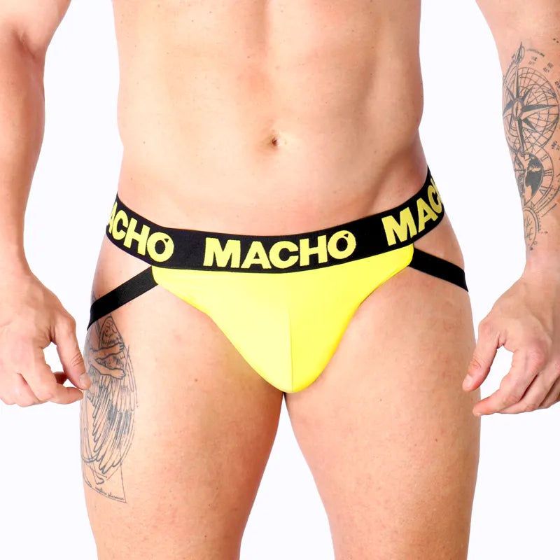 jockstrap homme lycra jaune fesses ouvertes confort maintien sportif respirant ajustable taille S M L XL audacieux