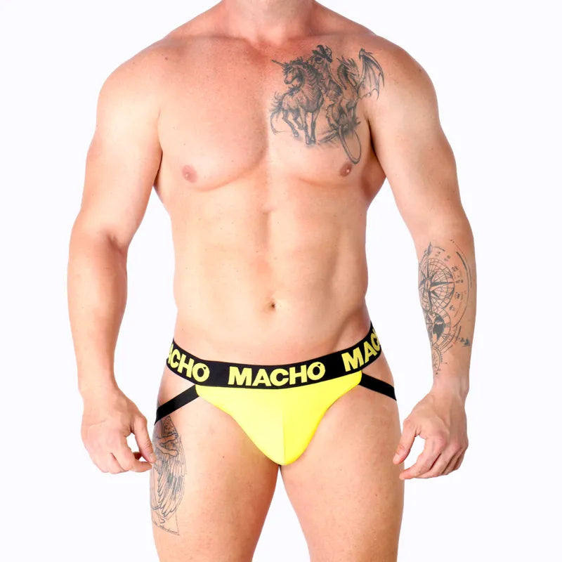 jockstrap homme lycra jaune fesses ouvertes confort maintien sportif respirant ajustable taille S M L XL audacieux