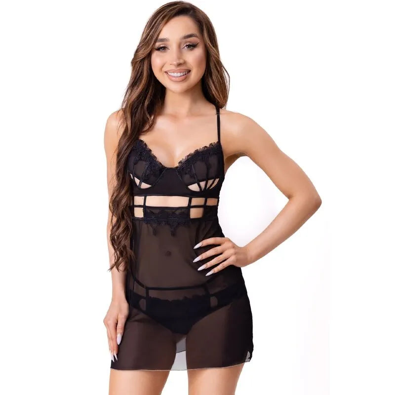 Caraco noir Maia en dentelle satin avec ouvertures poitrine, string assorti, séduction élégante Livco Corsetti Fashion.