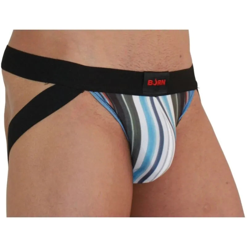 Jockstrap multicolore BURN avec bandes noires, design audacieux et détails fantaisie, confort et sensualité.