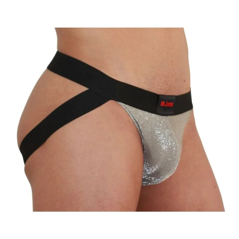Jockstrap BURN beige brillant avec paillettes, ceinture noire, design audacieux et séduisant pour style et confort.
