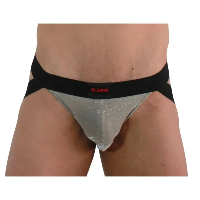 Jockstrap BURN beige brillant avec paillettes, ceinture noire, design audacieux et séduisant pour style et confort.