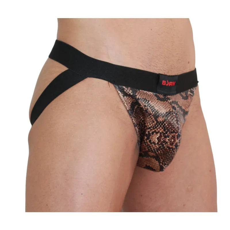 Jockstrap noir BURN avec paillettes et transparences, design audacieux en matériaux de qualité supérieure.