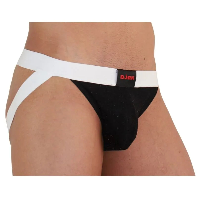 Jockstrap noir brillant avec paillettes, ceinture blanche, design audacieux et séduisant de la marque BURN.
