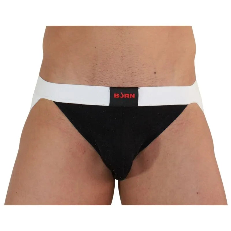 Jockstrap noir brillant avec ceinture blanche, design audacieux et paillettes, de la marque BURN pour style et confort.