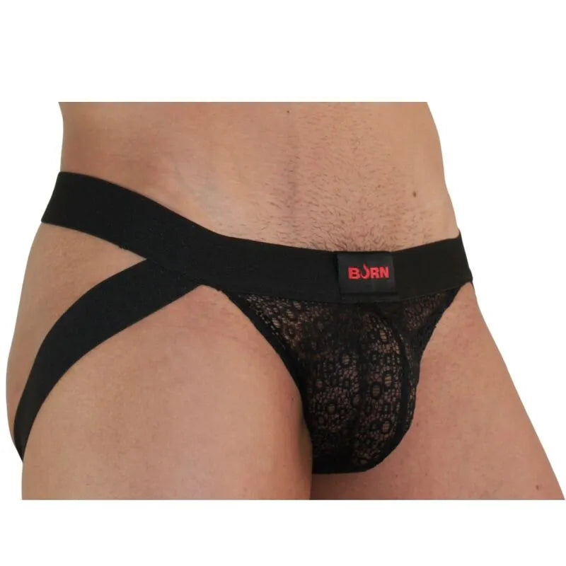 Jockstrap noir BURN avec paillettes, transparence séduisante, matériaux de qualité supérieure, style audacieux.