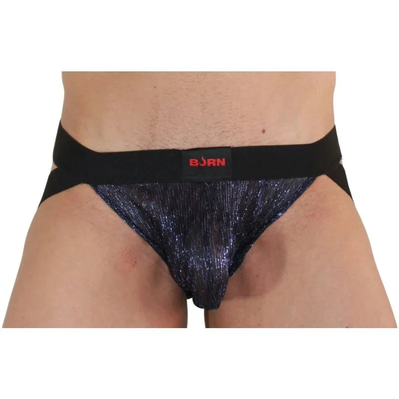 Jockstrap BURN bleu brillant avec paillettes, ceinture noire, design audacieux et séduisant pour un style unique.