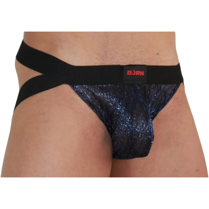 Jockstrap bleu brillant avec paillettes, ceinture noire, design audacieux et séduisant, marque BURN.