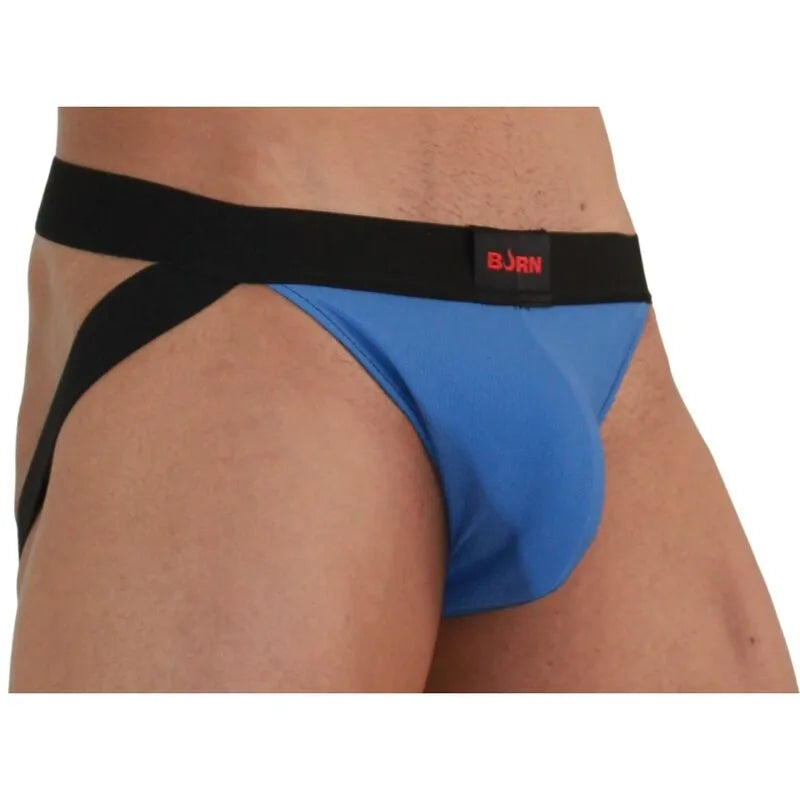 Jockstrap BURN bleu/noir, design audacieux, paillettes, transparences, matériaux de qualité supérieure, confort et style.