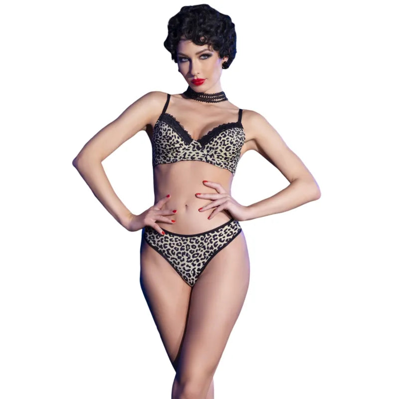Ensemble lingerie imprimé léopard, soutien-gorge et string ajustables, dentelle noire, style félin, tailles S à L.