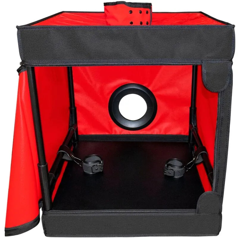 Cabine BDSM violette avec LED, menottes robustes, matelas confortable, design élégant et portable pour jeux sensoriels.