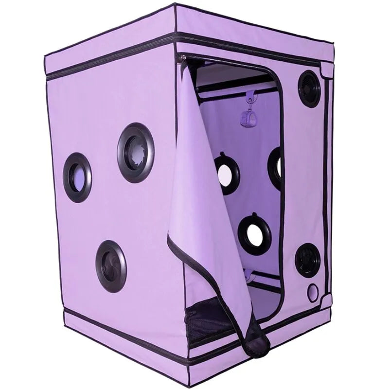Cabine pourpre immersive avec éclairage LED intégré, ventilateurs, pinces polyvalentes, sac de voyage sécurisé.