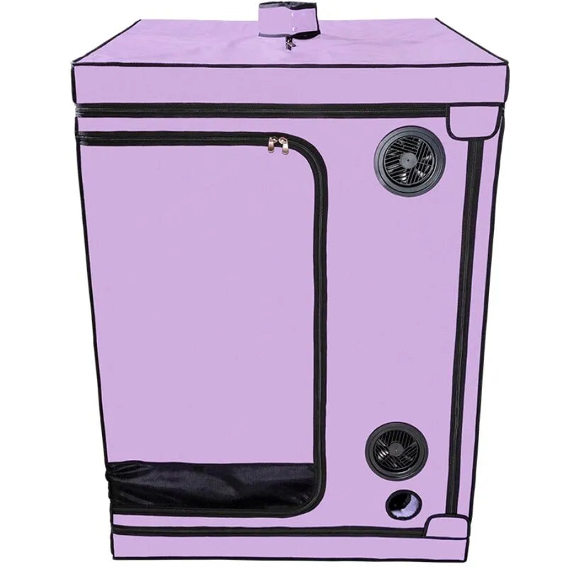 Cabine pourpre compacte immersive avec éclairage LED intégré, ventilateurs et pinces, pour exploration sensorielle.