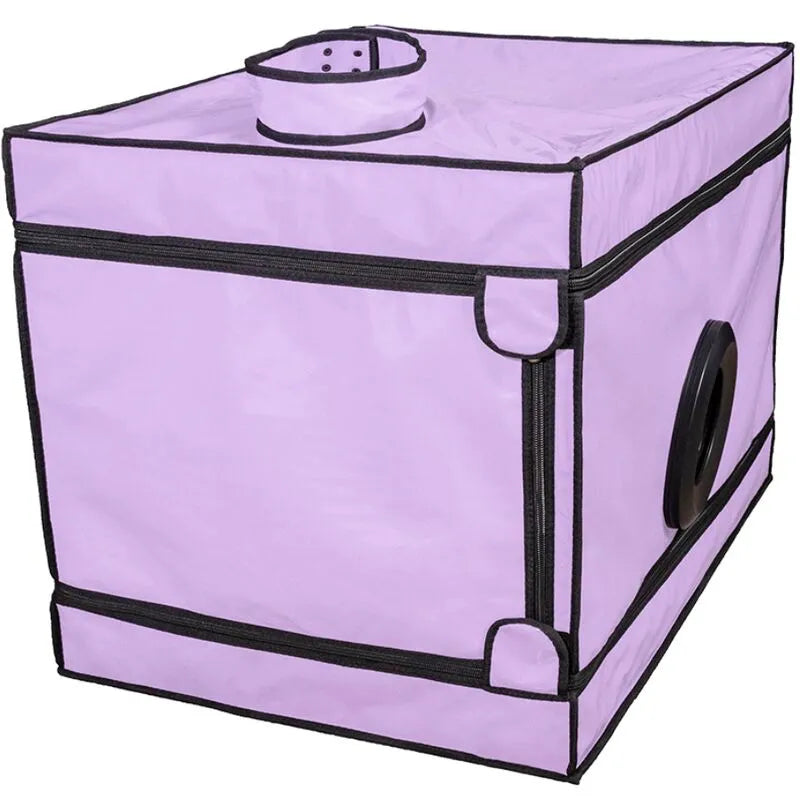 Cabine intime violette compacte avec lumière LED, matelas intégré, design robuste pour jeux de rôle et soumission.