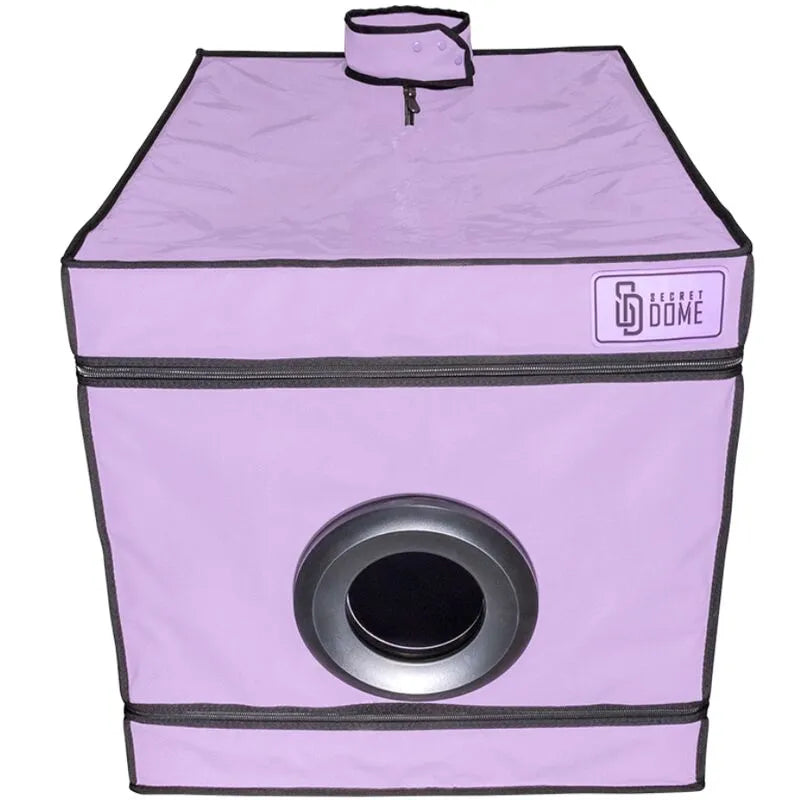 Cabine intime violette compacte avec lumière LED, cocon de plaisir sécurisé pour jeux de rôle et soumission.