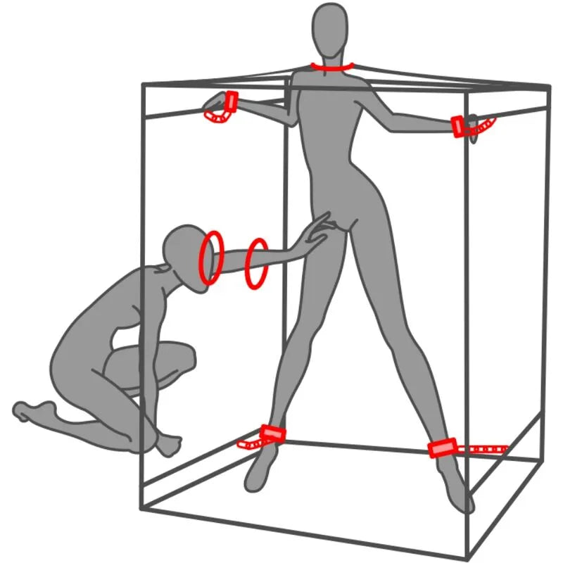 Cabine BDSM noire et rouge avec LED, pinces et chaînes, offrant une expérience immersive et sensorielle unique.