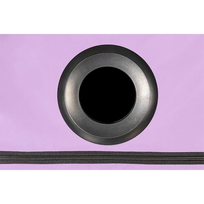Cabine intime violette compacte avec lumière LED, ouverture circulaire noire, design sécurisé pour jeux de rôle et soumiss...