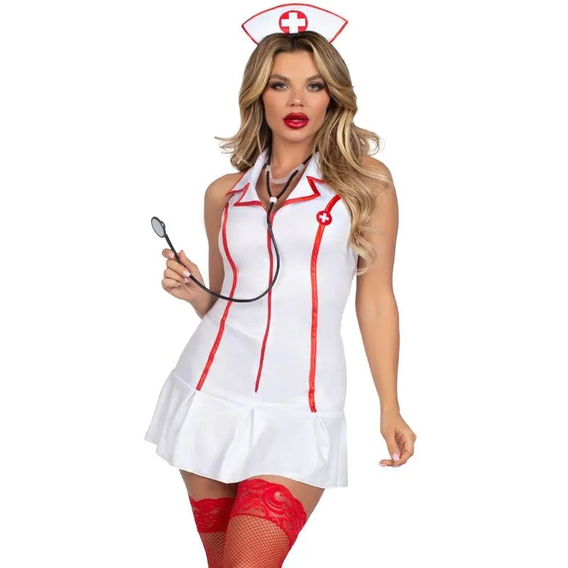 costume sexy infirmière chef blanc moulant polyester accessoires inclus stéthoscope bandeau tailles S M confort silhouette glamour Halloween