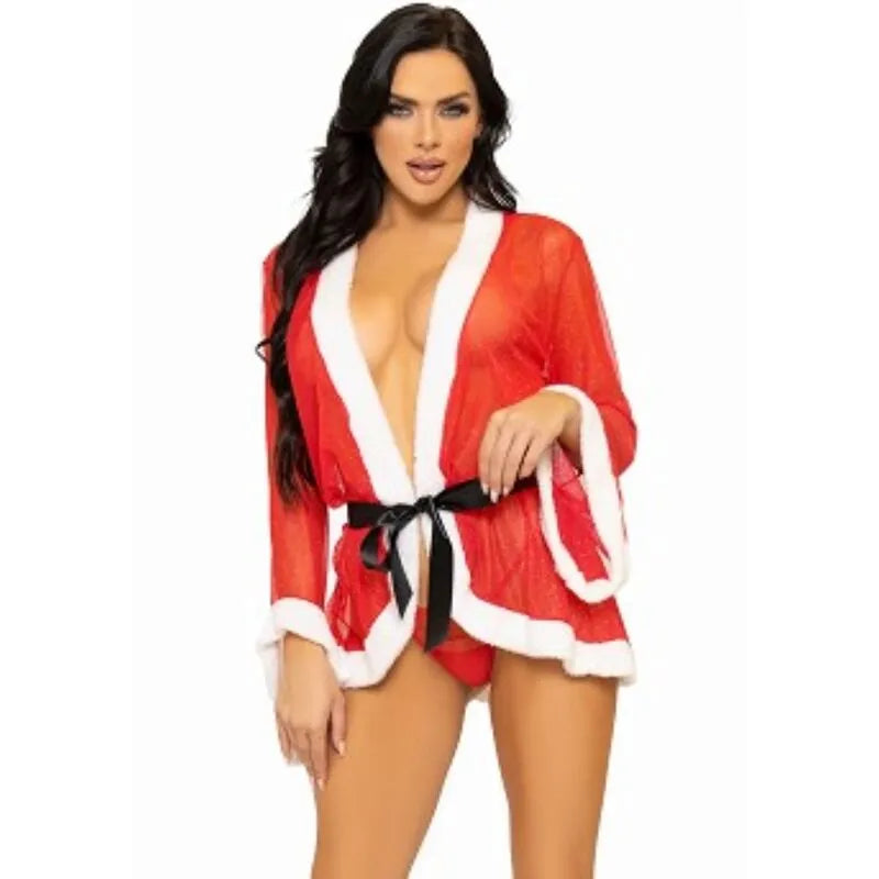Lingerie sexy Noël nuisette rouge maille transparente ceinture peluche string assorti taille M L séduisante festive