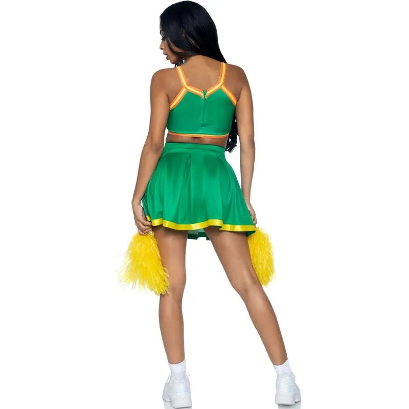 Costume pom-pom girl vert avec crop top Cheer, jupe plissée et pompons jaunes, idéal pour fêtes et événements à thème.