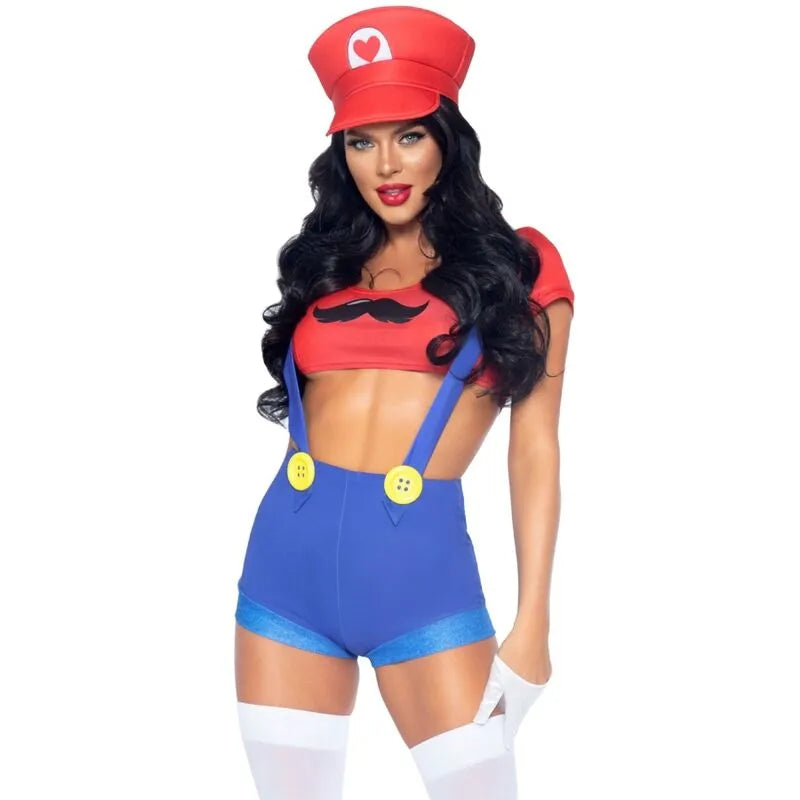 Costume sexy Mario Bros femme Halloween crop top short bretelles casquette rouge