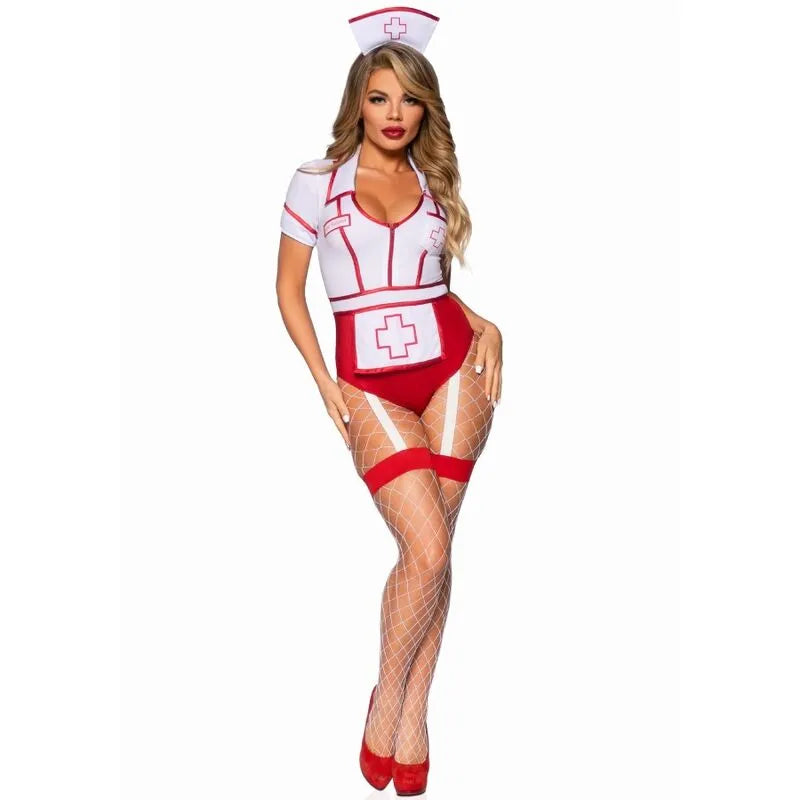 Costume sexy infirmière rouge et blanc, body à bretelles, boutons-pression, tablier, coiffe, taille S, soirée Halloween.