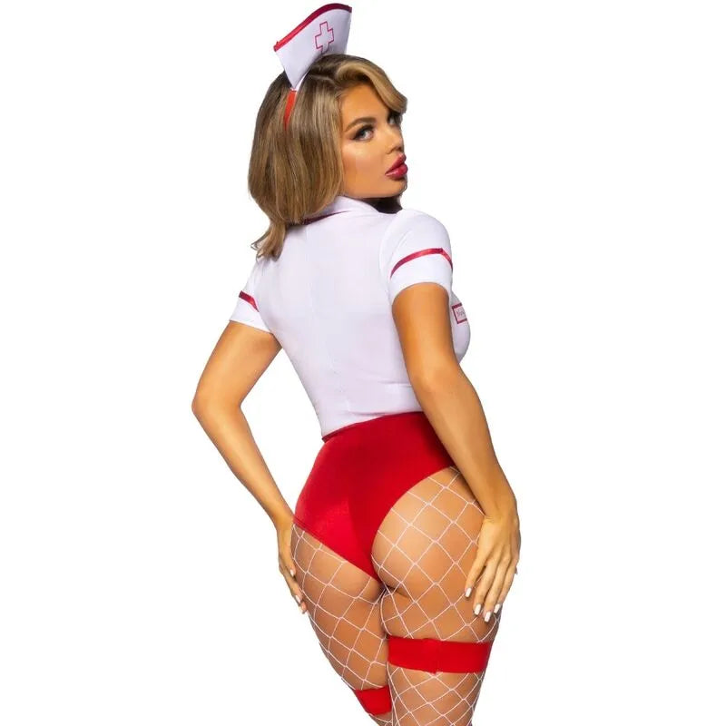 Tenue infirmière sexy rouge et blanche avec justaucorps moulant, tablier, coiffe et boutons-pression, vue de dos.
