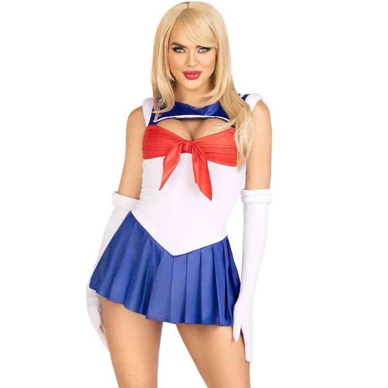 costume marin sexy multicolore body ajusté fermeture pression dos noué jupe plissée gants assortis festival Halloween carnaval