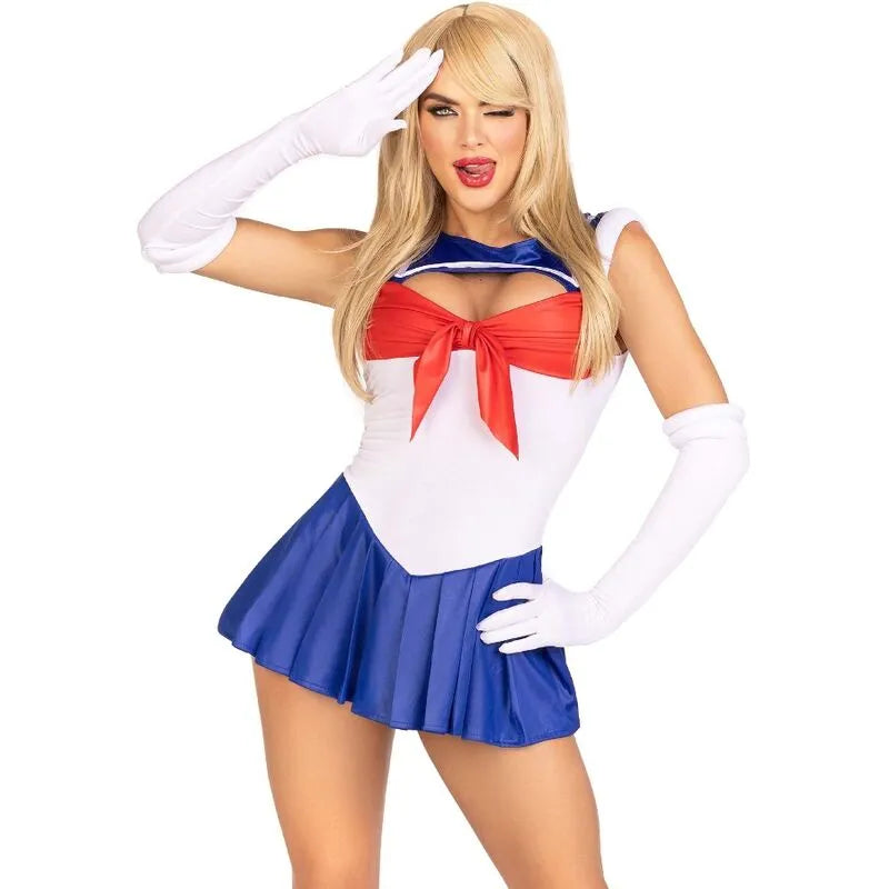 Costume marin multicolore sexy avec body ajusté, jupe plissée et gants assortis pour Halloween et carnaval.