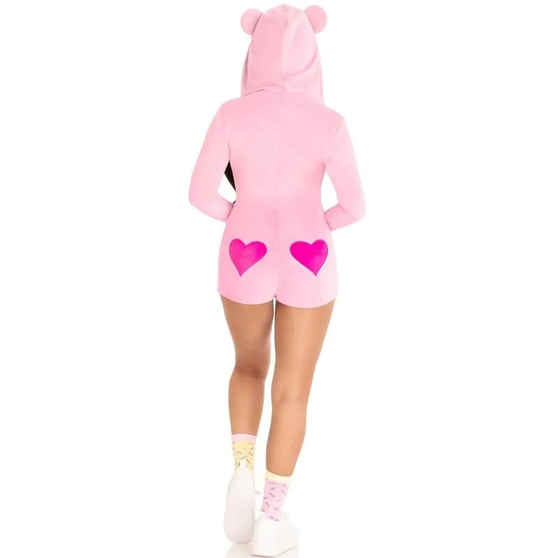 Combinaison rose velours ours peluche avec capuche, oreilles et cœurs, fermeture zippée, cosy et adorable pour carnaval.