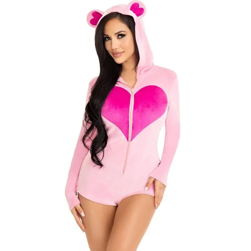 Combinaison rose velours ours peluche, cœur zippé, capuche oreilles, cosy et mignonne, tailles S M, carnaval.
