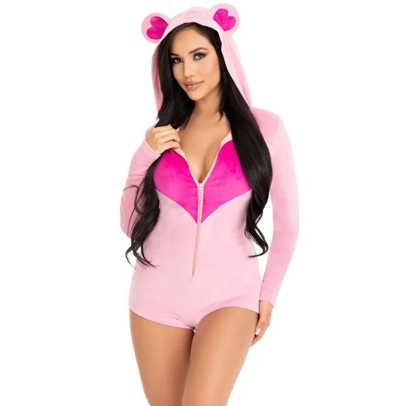 Combinaison velours rose ours peluche, fermeture zippée cœur, capuche oreilles, tenue cosy carnaval, tailles S M.