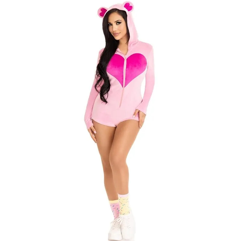 Combinaison rose velours ours peluche, cœur zippé, oreilles sur capuche, tenue cosy carnaval, tailles S M.