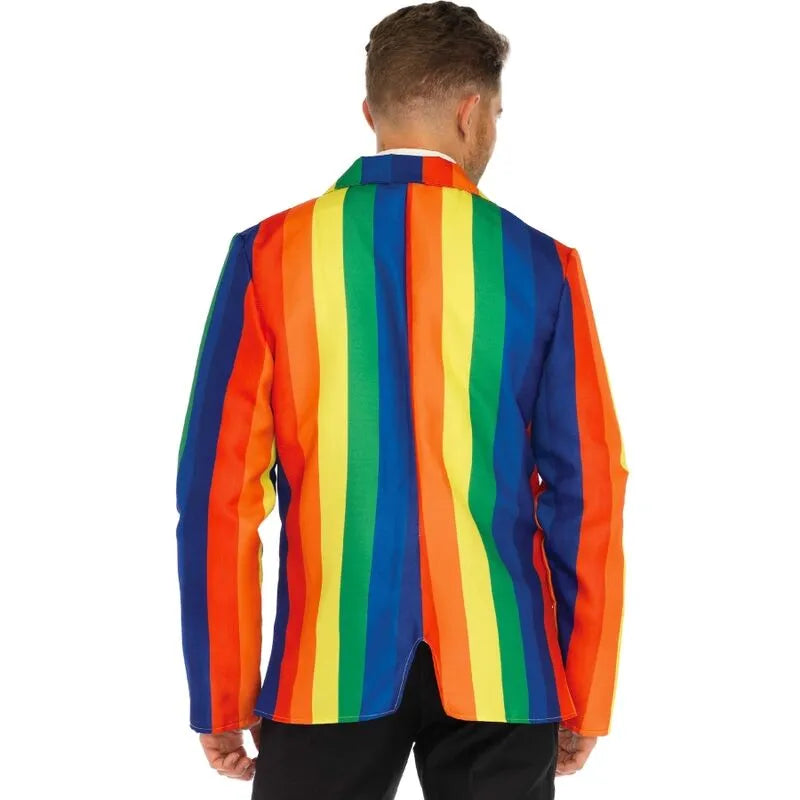 Blazer multicolore rayé arc-en-ciel, coupe ajustée, polyester, style festif et audacieux pour Halloween et carnaval.