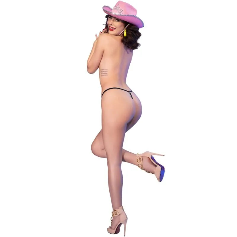 String noir en tissu extensible avec imprimé néon et fermetures éclair latérales, design moderne et luxueux.