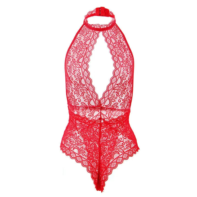 Body lingerie rouge en dentelle, coupe ouverte, design élégant et séduisant pour femmes, confort et raffinement.