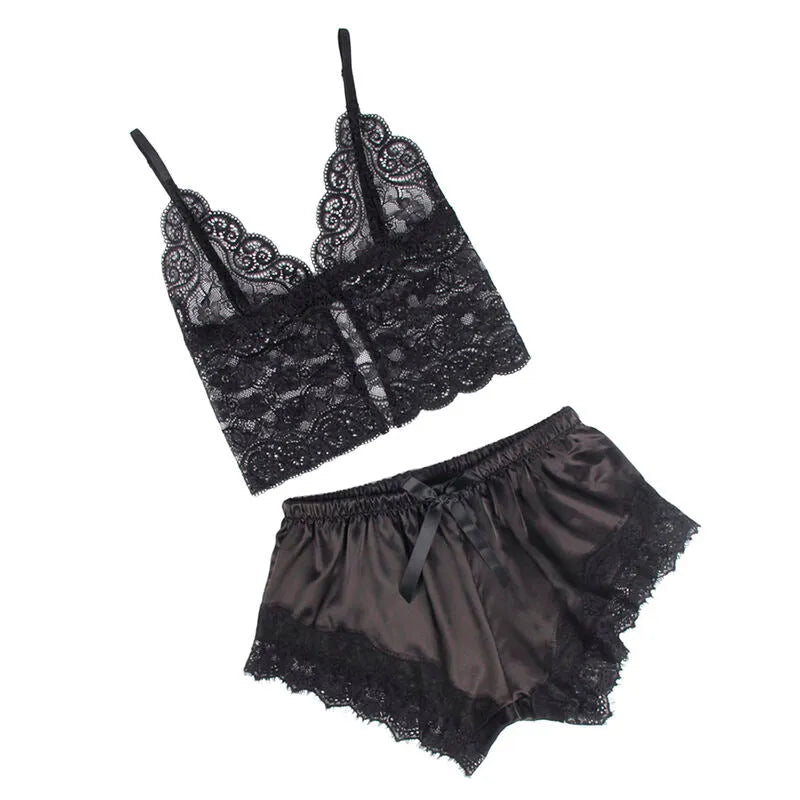 lingerie sexy grande taille soie dentelle noire chemise nuit pantalon confort américain élégance sophistiquée séduction voluptueuse douceur finition qualité LXL