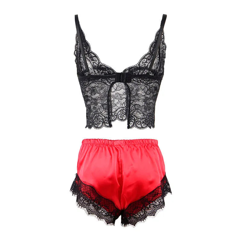 Chemise de nuit grande taille en soie noire et rouge avec dentelle, élégante et sensuelle, finition artisanale.