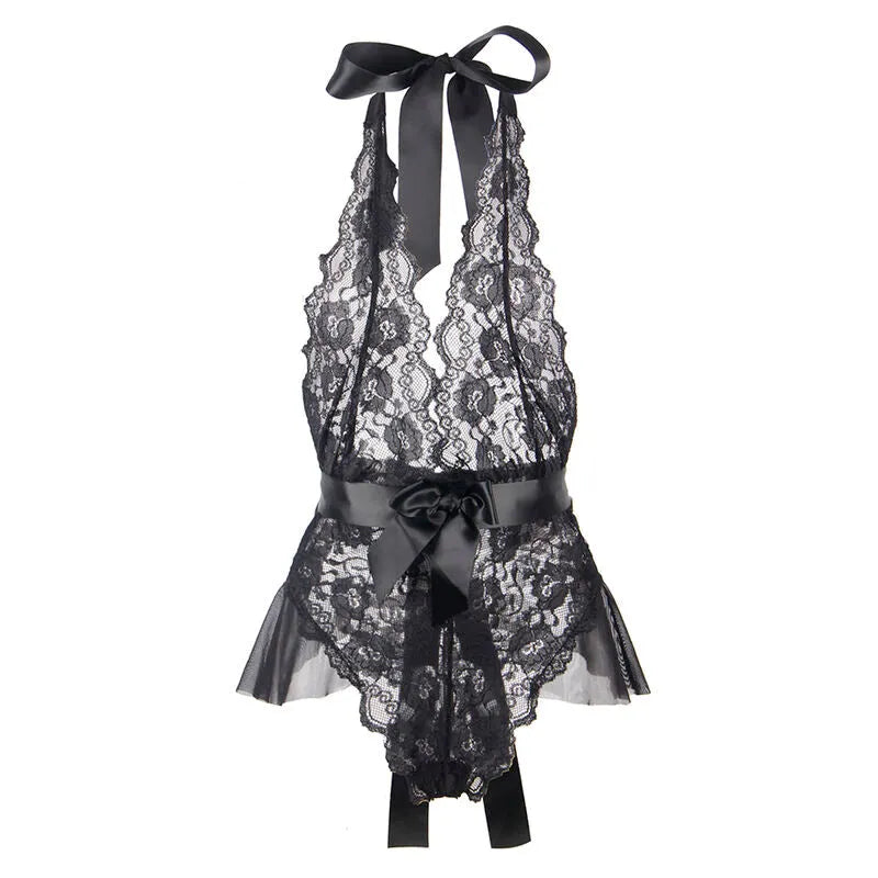 Body noir à volants en dentelle, grande taille, élégant et confortable, fabriqué aux USA, coupe flatteuse et sensuelle.