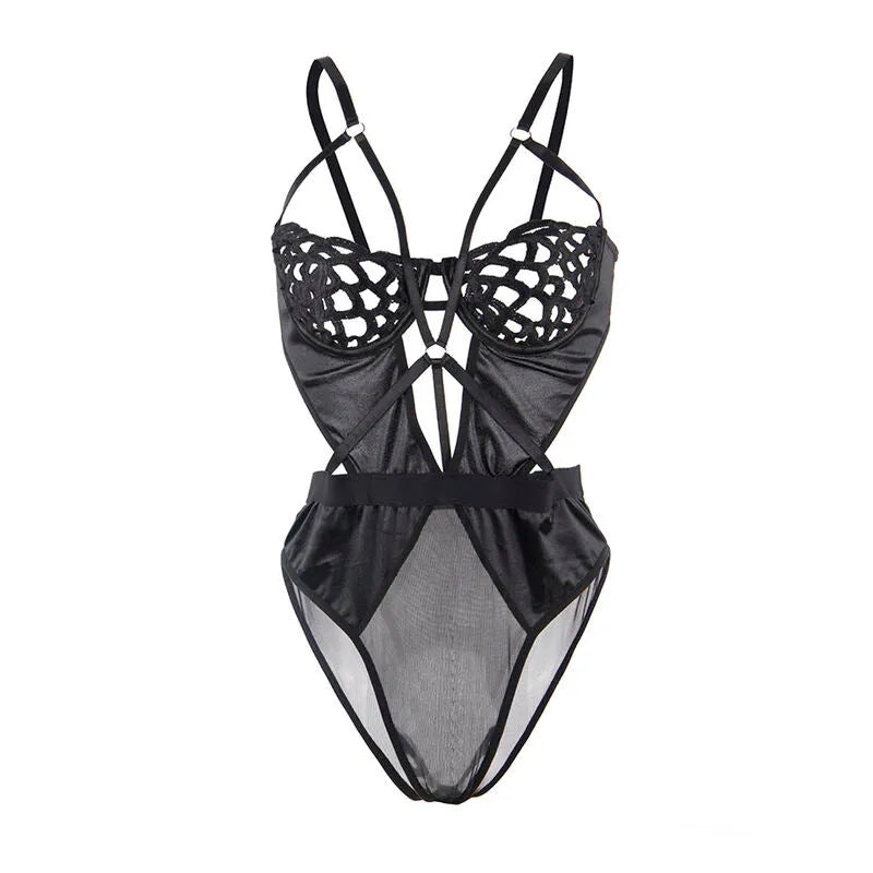 Body en dentelle noire sexy, design moderne, bretelles croisées, coupe ajustée, confort et élégance pour femme.