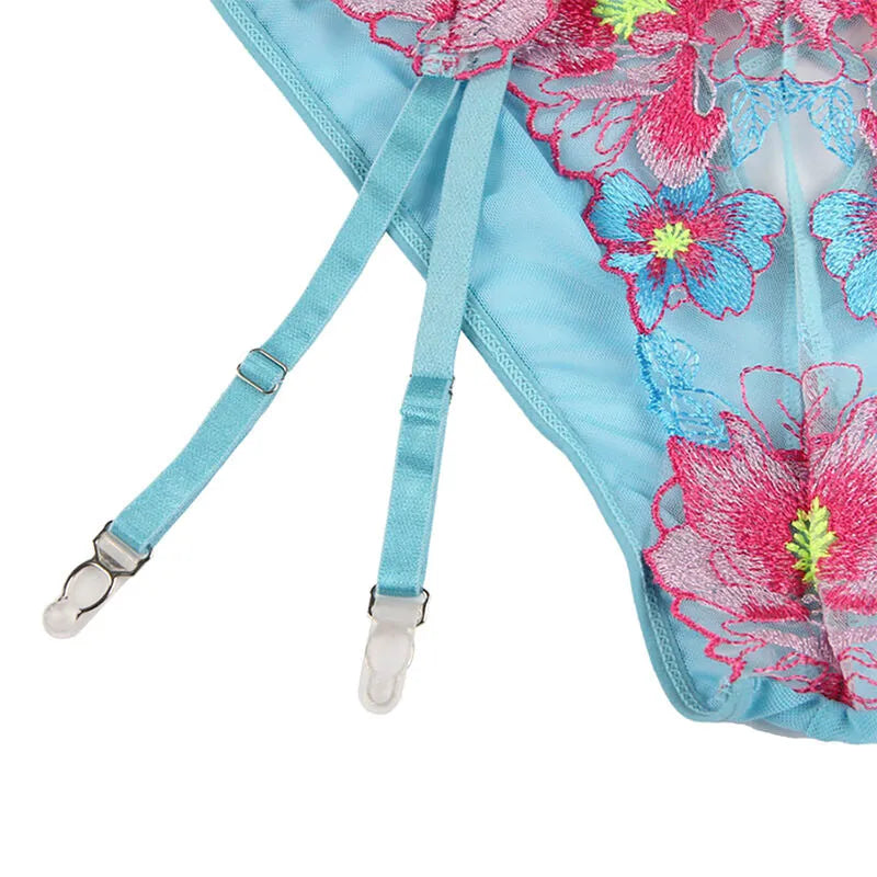sublime lingerie femme sexy haute qualité confort floral bleu soutien-gorge culotte porte-jarretelles