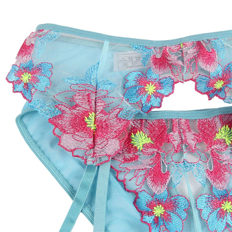 sublime lingerie femme sexy haute qualité confort floral bleu soutien-gorge culotte porte-jarretelles
