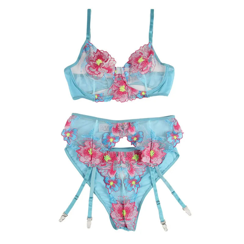 sublime lingerie femme sexy haute qualité confort floral bleu soutien-gorge culotte porte-jarretelles