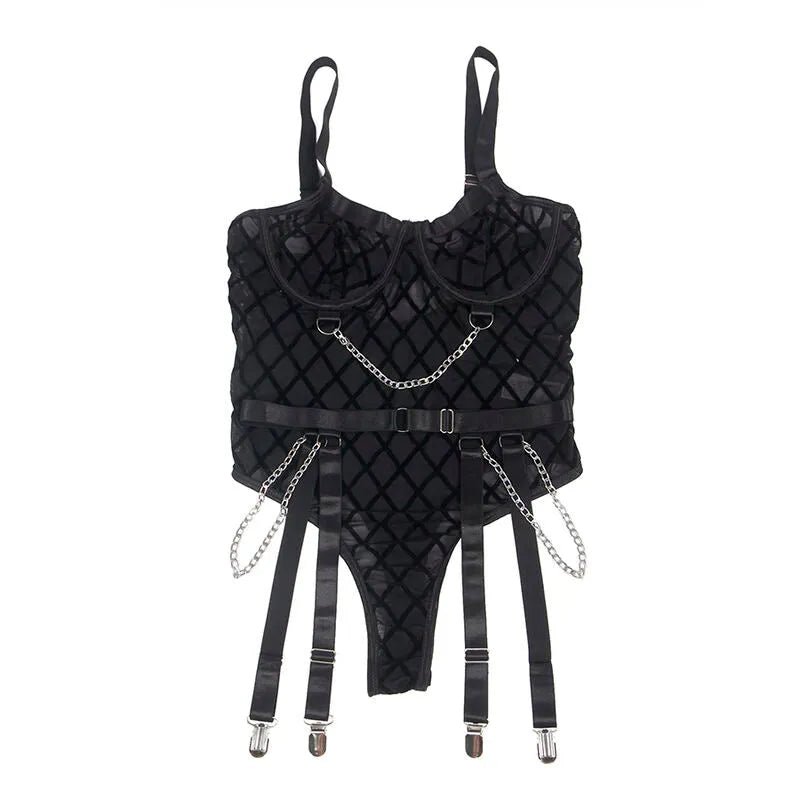 Body lingerie noir avec chaînes, design audacieux, haute qualité, grande taille, confort et élégance pour femmes.