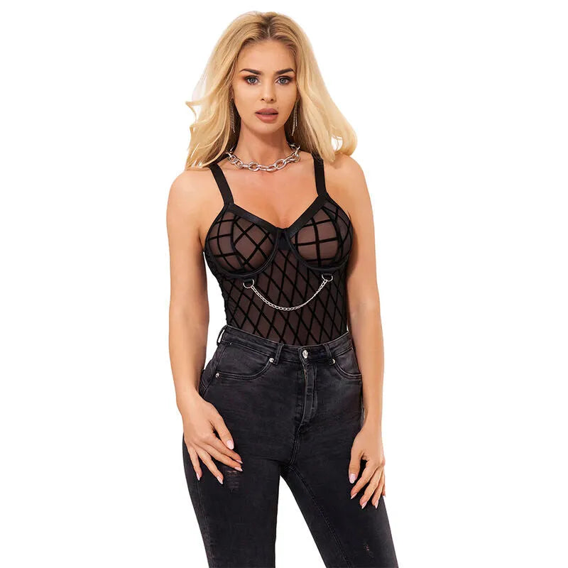 Body lingerie noir avec chaînes, grande taille, confort haute qualité, séduction élégante pour femmes irrésistibles.