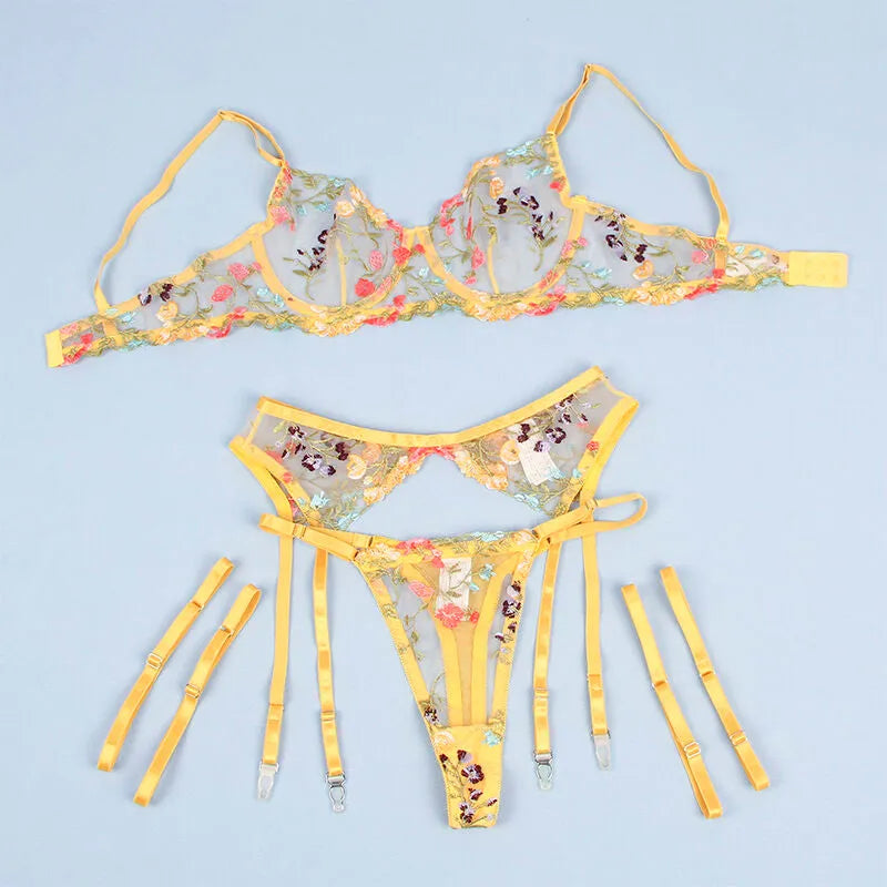 Sublime lingerie sexy haute qualité confort USA motif floral jaune soutien-gorge string porte-jarretelles