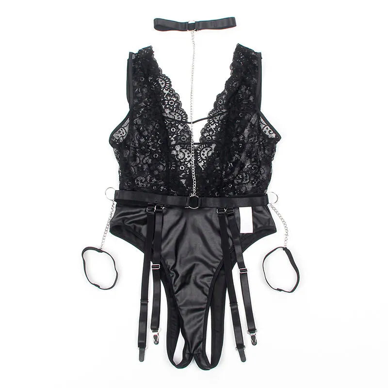 Body noir grande taille Subblime avec dentelle, porte-jarretelles ajustables, design élégant et sensuel, haute qualité.