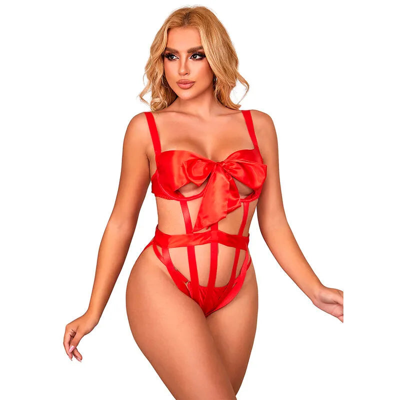 Body sexy ajouré Subblime nœud rouge grande taille LXL coupe flatteuse dentelle matière respirante confortable élégance américaine séduction audacieuse