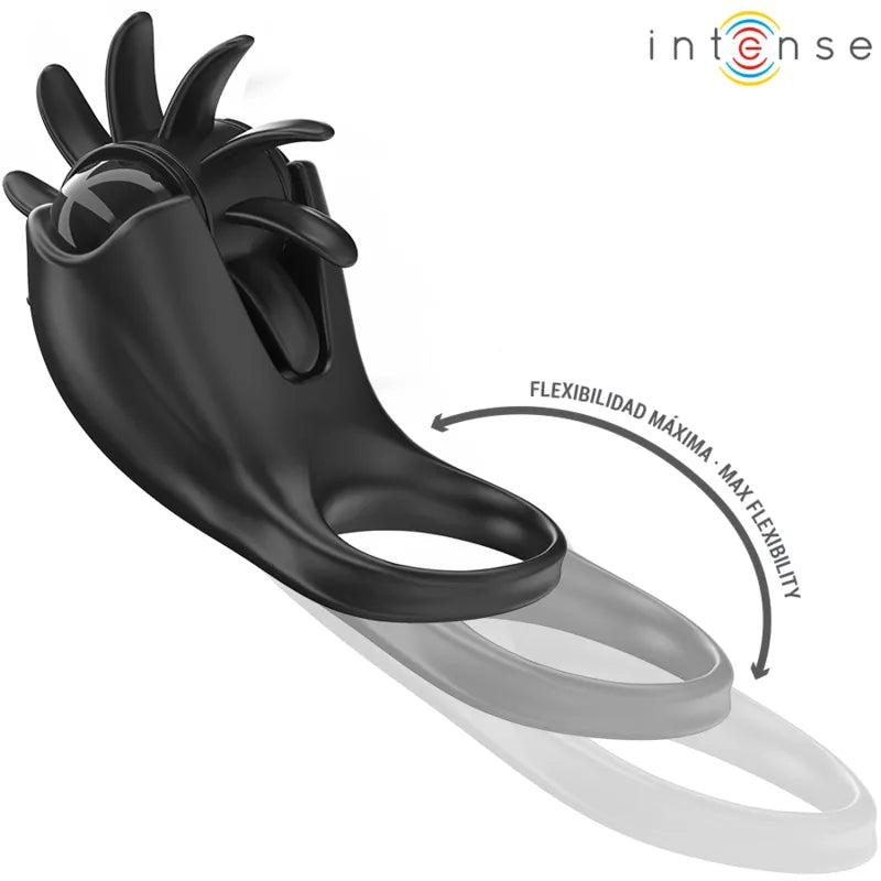 Anneau vibrant noir en silicone, 10 modes, stimulation clitoridienne, ergonomique, étanche, rechargeable, moteur discret.